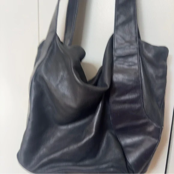 Henri Bendel Black Leather Tote Bag | Slouchy Shoulder Carryall - Picture 2 of 6
